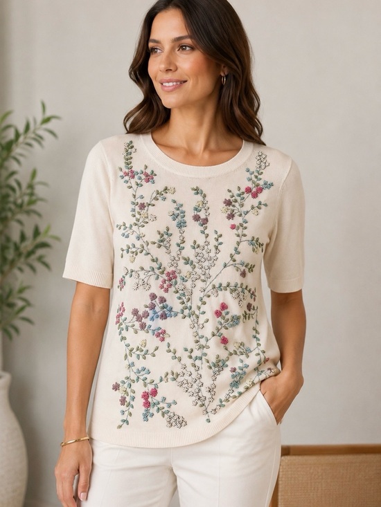 Talbots Tops - Talbots Cream Floral Embroidered Short Sleeve Sweater
